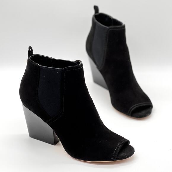 TORY BURCH Gemma Open Toe Ankle Booties Womens 8.5 Black Suede Stacked Heel 65mm - Picture 1 of 11